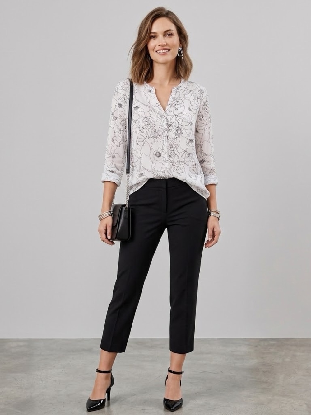 LOFT Light Black Floral-Print Button-Front Long Sleeve Blouse